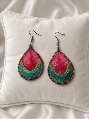 Peruvian Handmade Teardrop Earrings Vibrant String Art Design Pink, Green & Turq